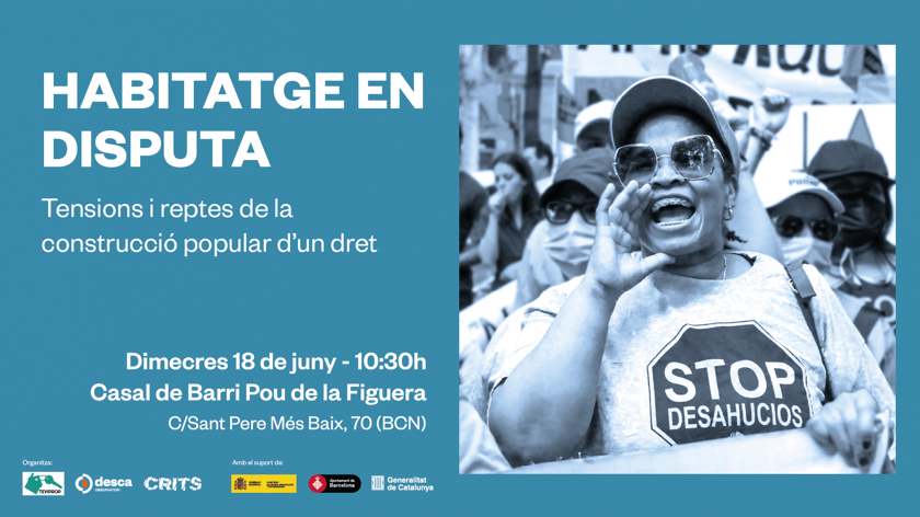 Cartell de color blau amb la foto d'un activista de la PAH de Barcelona cridant a una manifestació